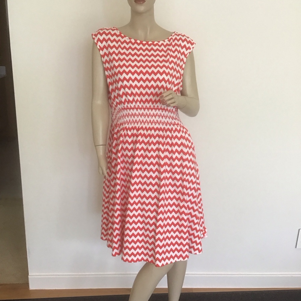 Kate Spade Leora Red White Chevron Stripe Stretch Cotton Smocked A Line Dress L